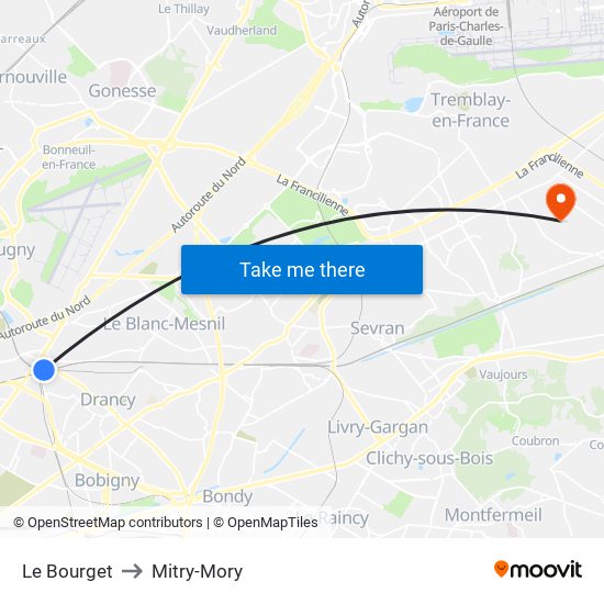 Le Bourget to Mitry-Mory map