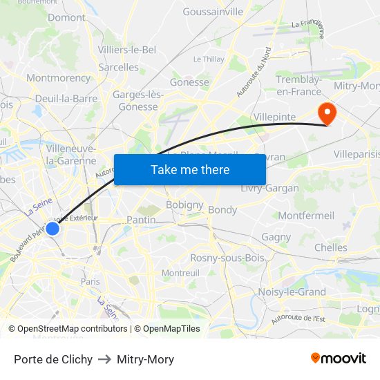 Porte de Clichy to Mitry-Mory map