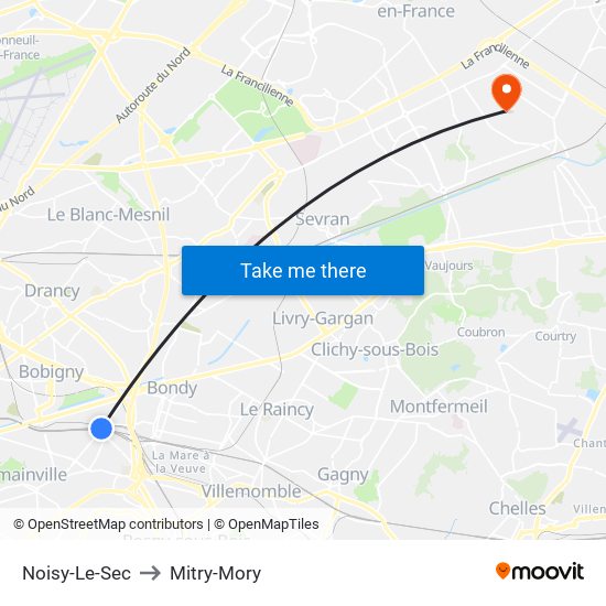 Noisy-Le-Sec to Mitry-Mory map