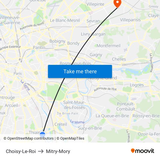 Choisy-Le-Roi to Mitry-Mory map