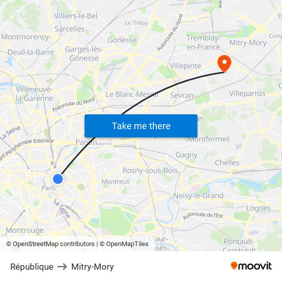République to Mitry-Mory map