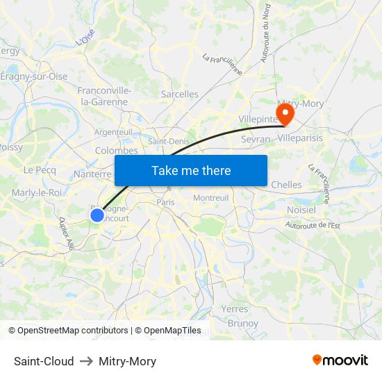 Saint-Cloud to Mitry-Mory map