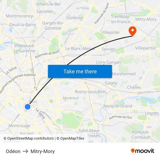Odéon to Mitry-Mory map