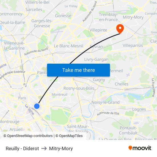 Reuilly - Diderot to Mitry-Mory map