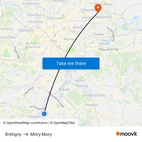 Brétigny to Mitry-Mory map