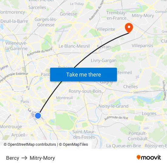 Bercy to Mitry-Mory map