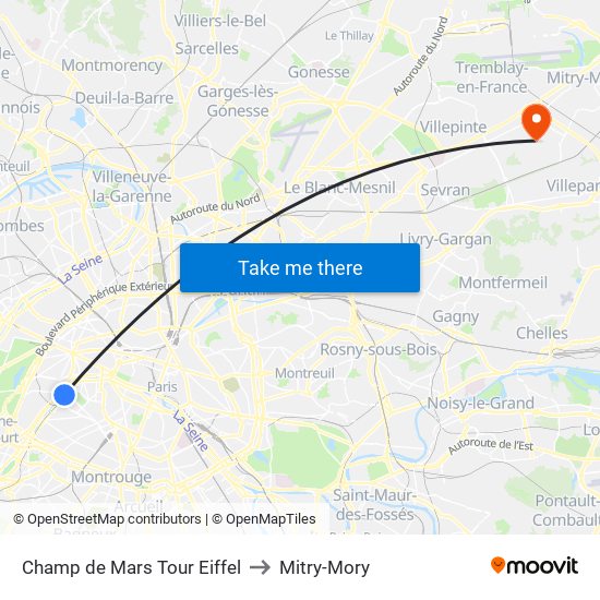 Champ de Mars Tour Eiffel to Mitry-Mory map