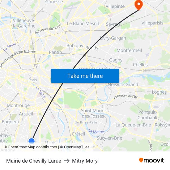 Mairie de Chevilly-Larue to Mitry-Mory map