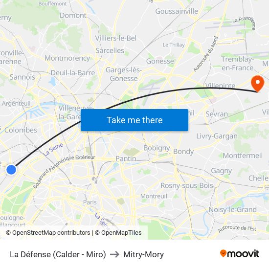 La Défense (Calder - Miro) to Mitry-Mory map