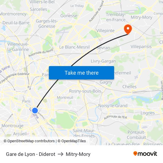 Gare de Lyon - Diderot to Mitry-Mory map