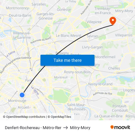 Denfert-Rochereau - Métro-Rer to Mitry-Mory map