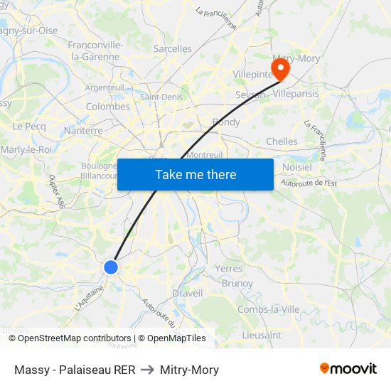 Massy - Palaiseau RER to Mitry-Mory map