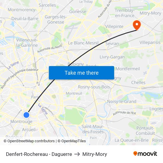 Denfert-Rochereau - Daguerre to Mitry-Mory map