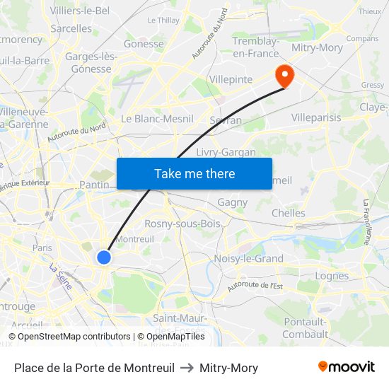 Place de la Porte de Montreuil to Mitry-Mory map