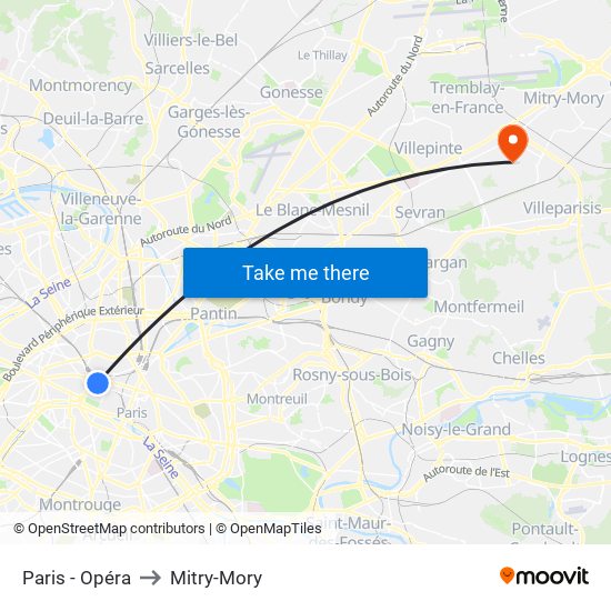 Paris - Opéra to Mitry-Mory map