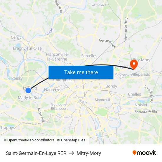 Saint-Germain-En-Laye RER to Mitry-Mory map