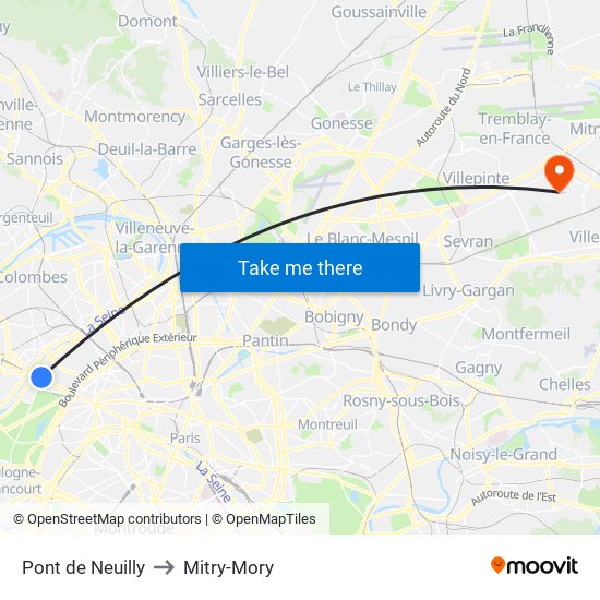 Pont de Neuilly to Mitry-Mory map