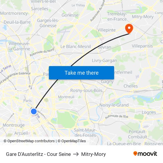 Gare D'Austerlitz - Cour Seine to Mitry-Mory map