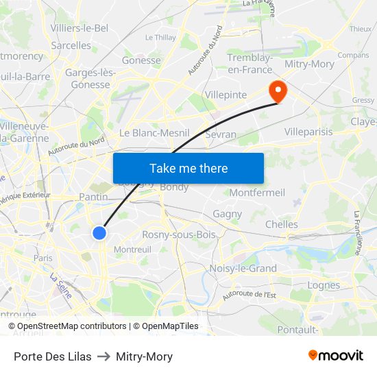 Porte Des Lilas to Mitry-Mory map