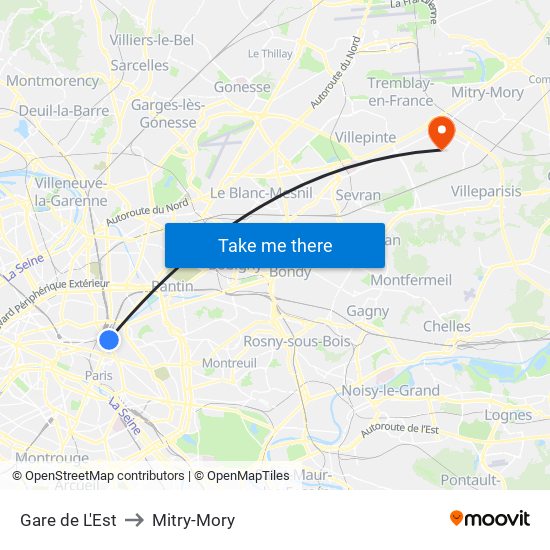 Gare de L'Est to Mitry-Mory map