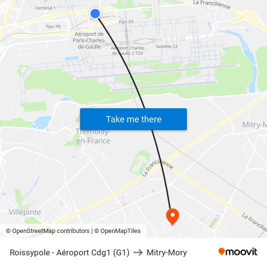 Roissypole - Aéroport Cdg1 (G1) to Mitry-Mory map