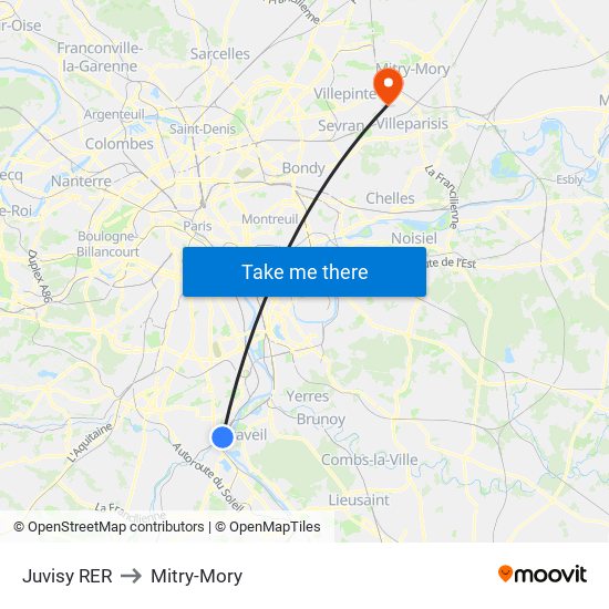 Juvisy RER to Mitry-Mory map
