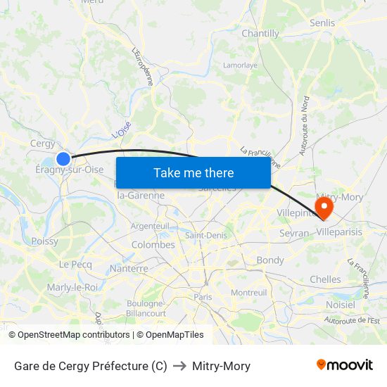 Gare de Cergy Préfecture (C) to Mitry-Mory map