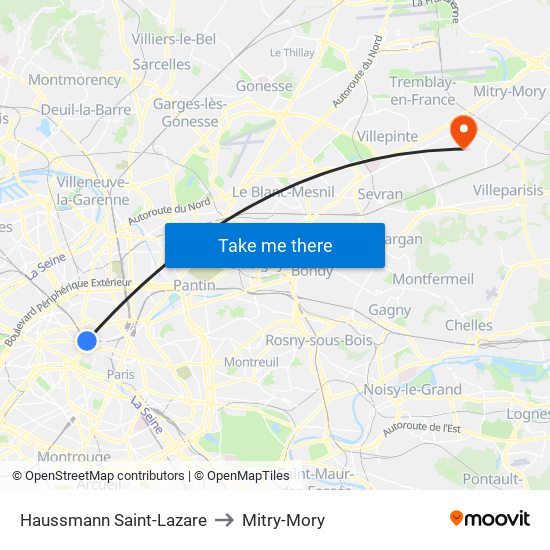 Haussmann Saint-Lazare to Mitry-Mory map