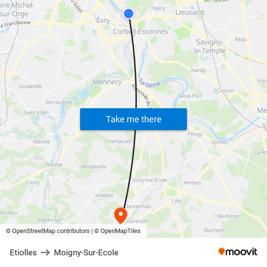 Etiolles to Moigny-Sur-Ecole map