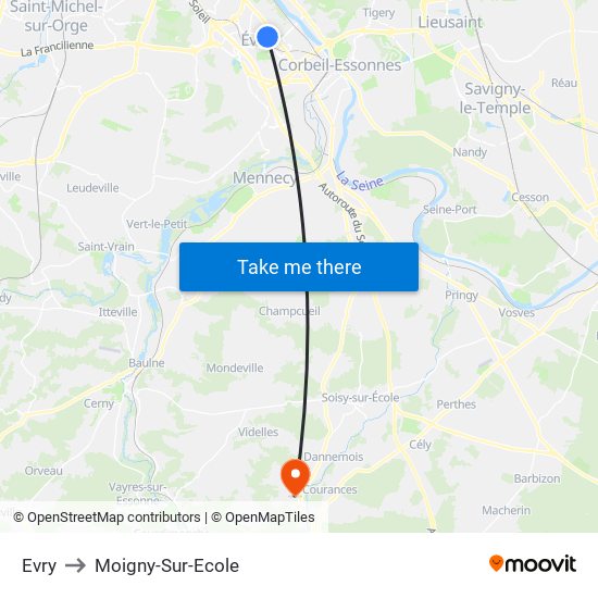 Evry to Moigny-Sur-Ecole map