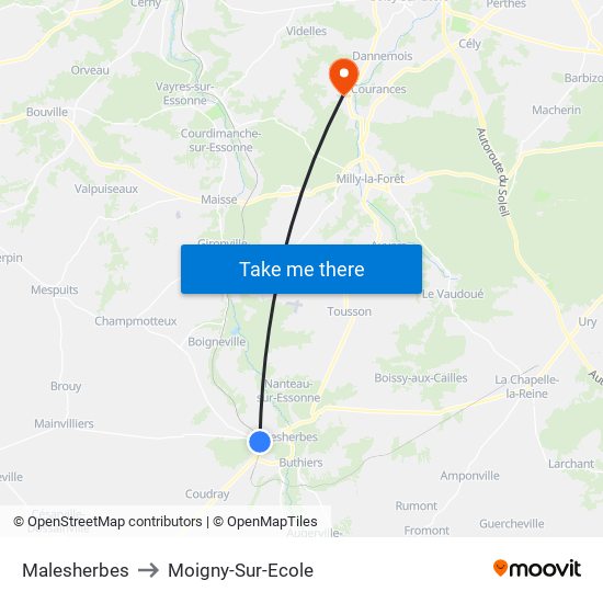 Malesherbes to Moigny-Sur-Ecole map