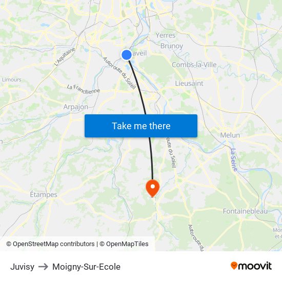 Juvisy to Moigny-Sur-Ecole map