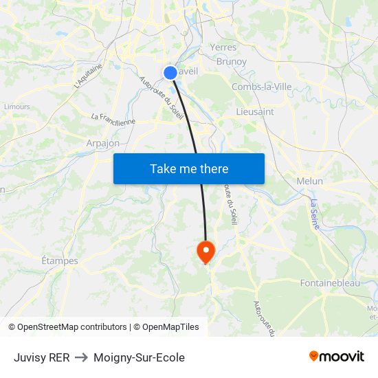 Juvisy RER to Moigny-Sur-Ecole map