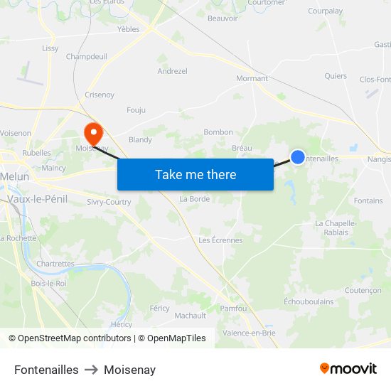 Fontenailles to Moisenay map