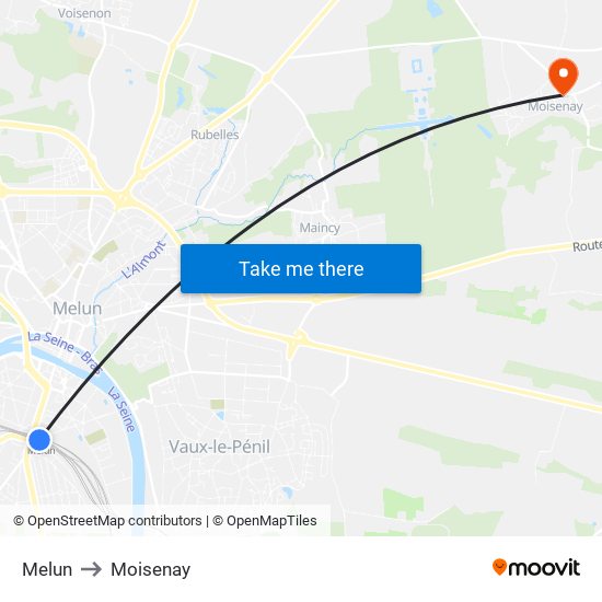Melun to Moisenay map
