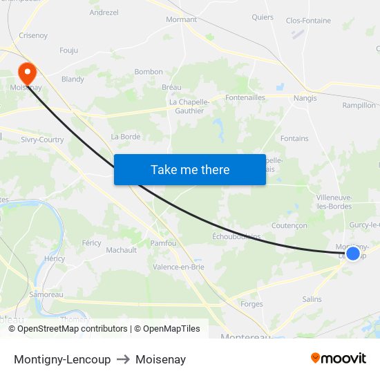 Montigny-Lencoup to Moisenay map