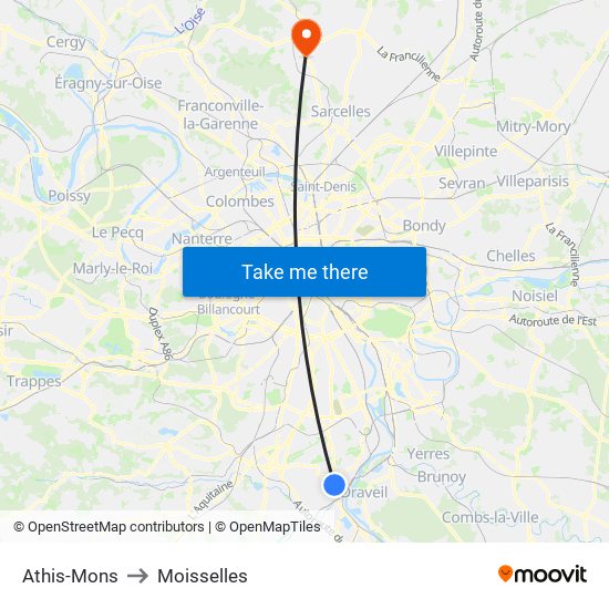 Athis-Mons to Moisselles map