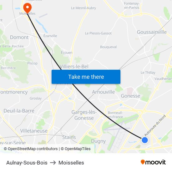 Aulnay-Sous-Bois to Moisselles map