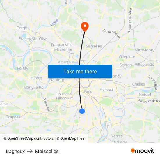 Bagneux to Moisselles map