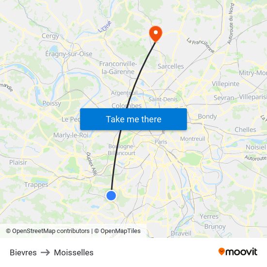 Bievres to Moisselles map