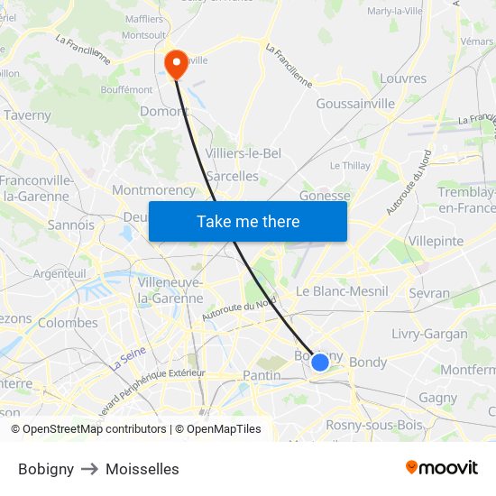 Bobigny to Moisselles map