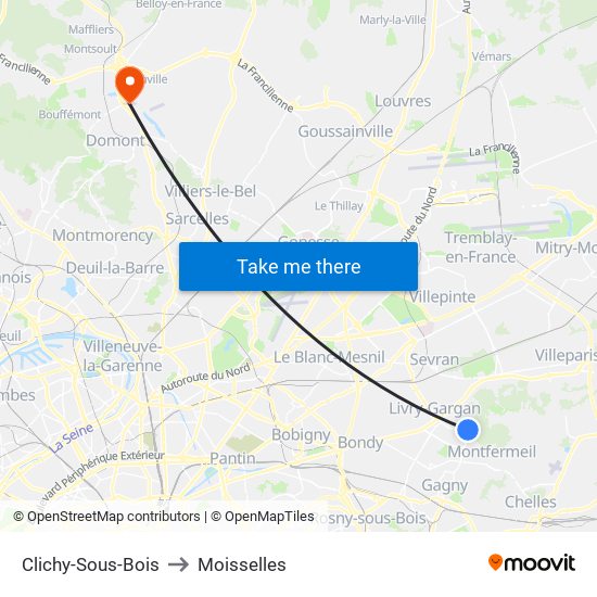 Clichy-Sous-Bois to Moisselles map