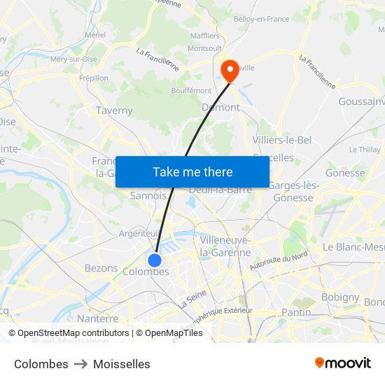 Colombes to Moisselles map