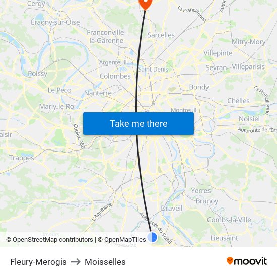 Fleury-Merogis to Moisselles map