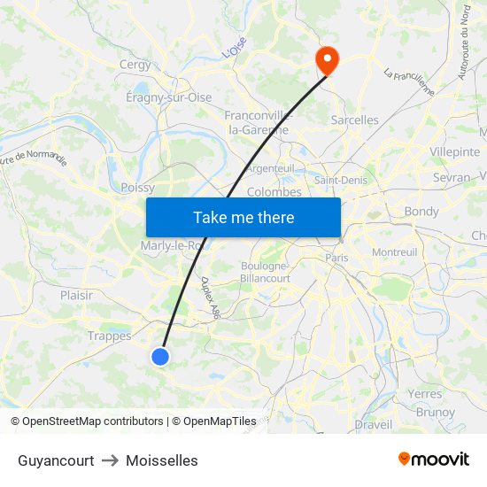 Guyancourt to Moisselles map