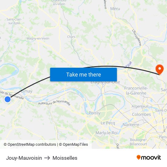 Jouy-Mauvoisin to Moisselles map