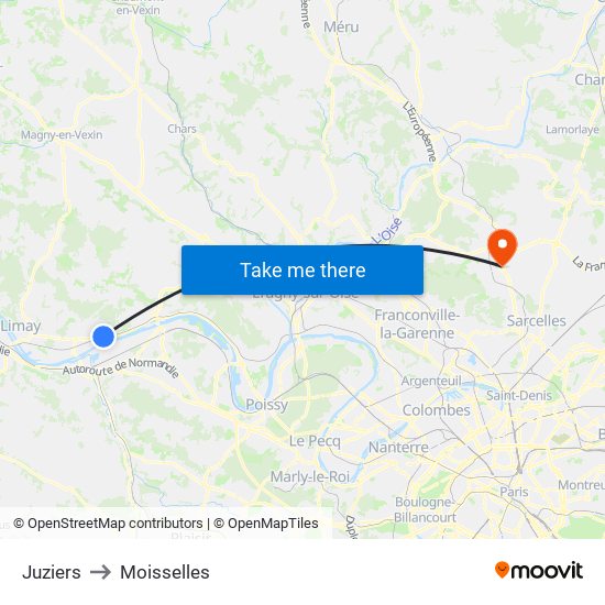 Juziers to Moisselles map