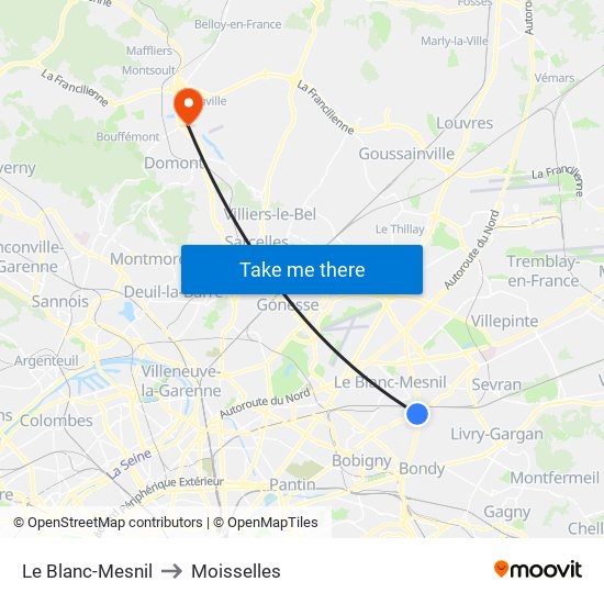 Le Blanc-Mesnil to Moisselles map
