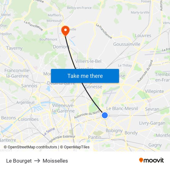 Le Bourget to Moisselles map