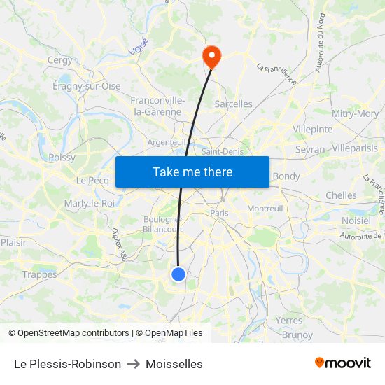 Le Plessis-Robinson to Moisselles map